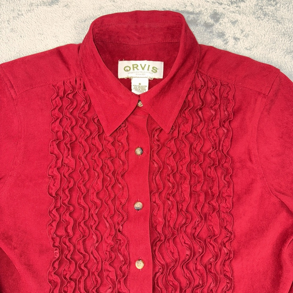 Orvis Tuxedo Ruffle Blouse Sz 6 Sueded Polyester Button Up Rodeo Red - Picture 2 of 10